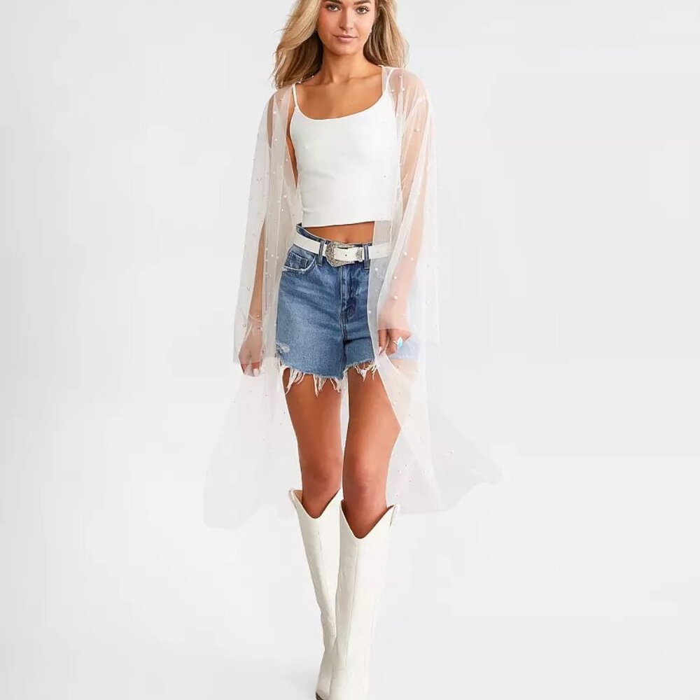 White Beaded Mesh Overlay Women's Top